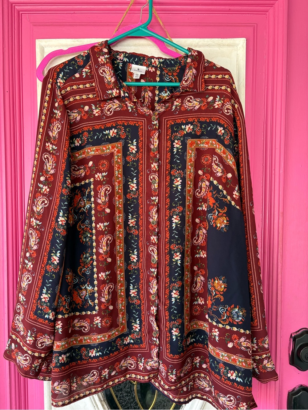 dressbarn Red and Navy Paisley Button-Front Tunic